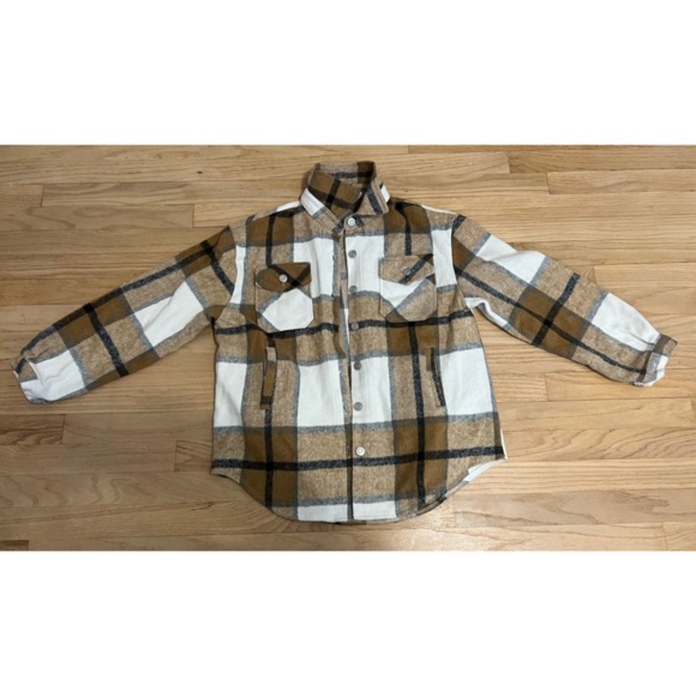 Womens Plaid Shacket Oversized‎ Button Up Shirt Jacket Brown White Small